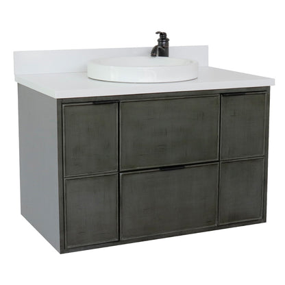 37" Single wall mount vanity in Linen Gray finish with White engineered stone top and round sink