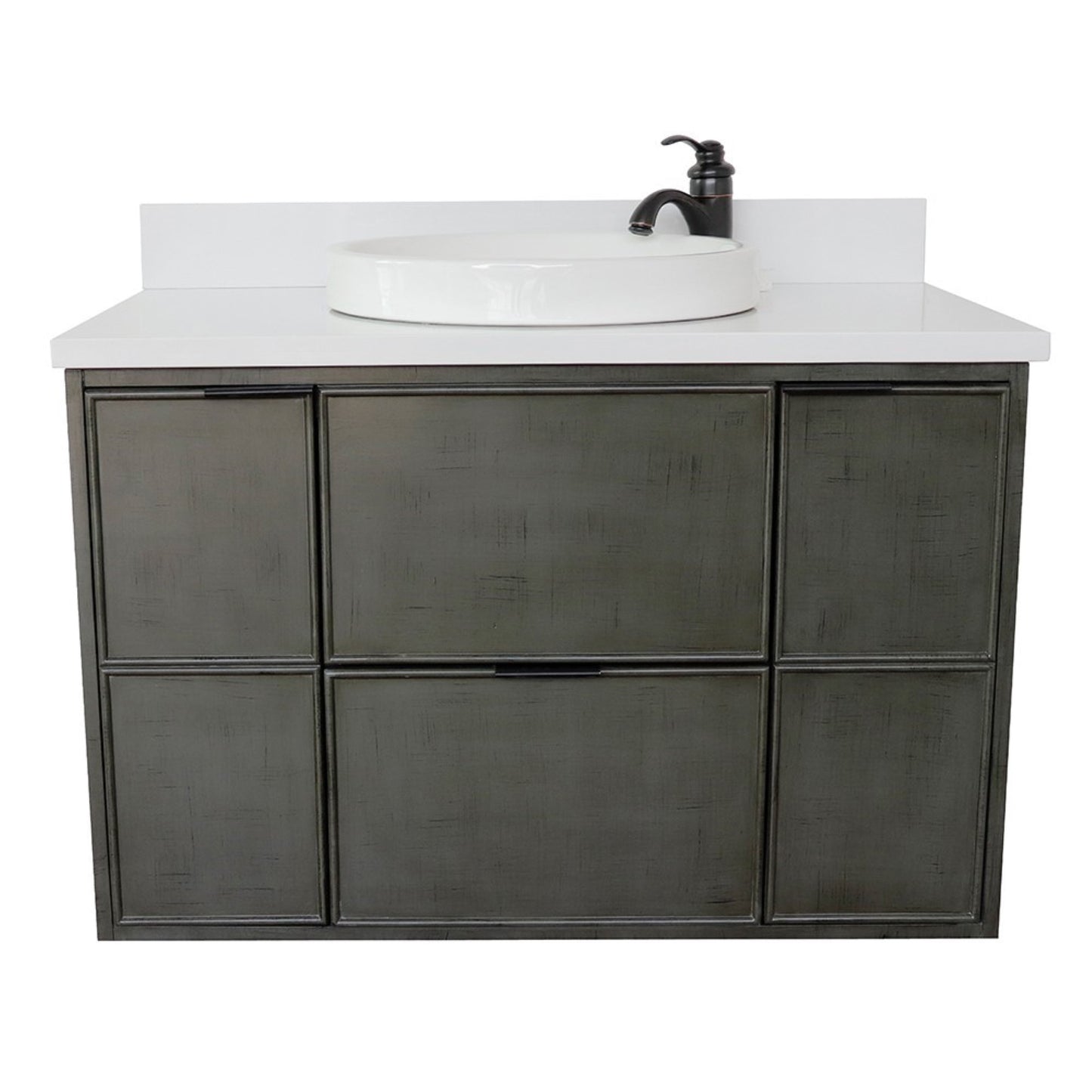 37" Single wall mount vanity in Linen Gray finish with White engineered stone top and round sink