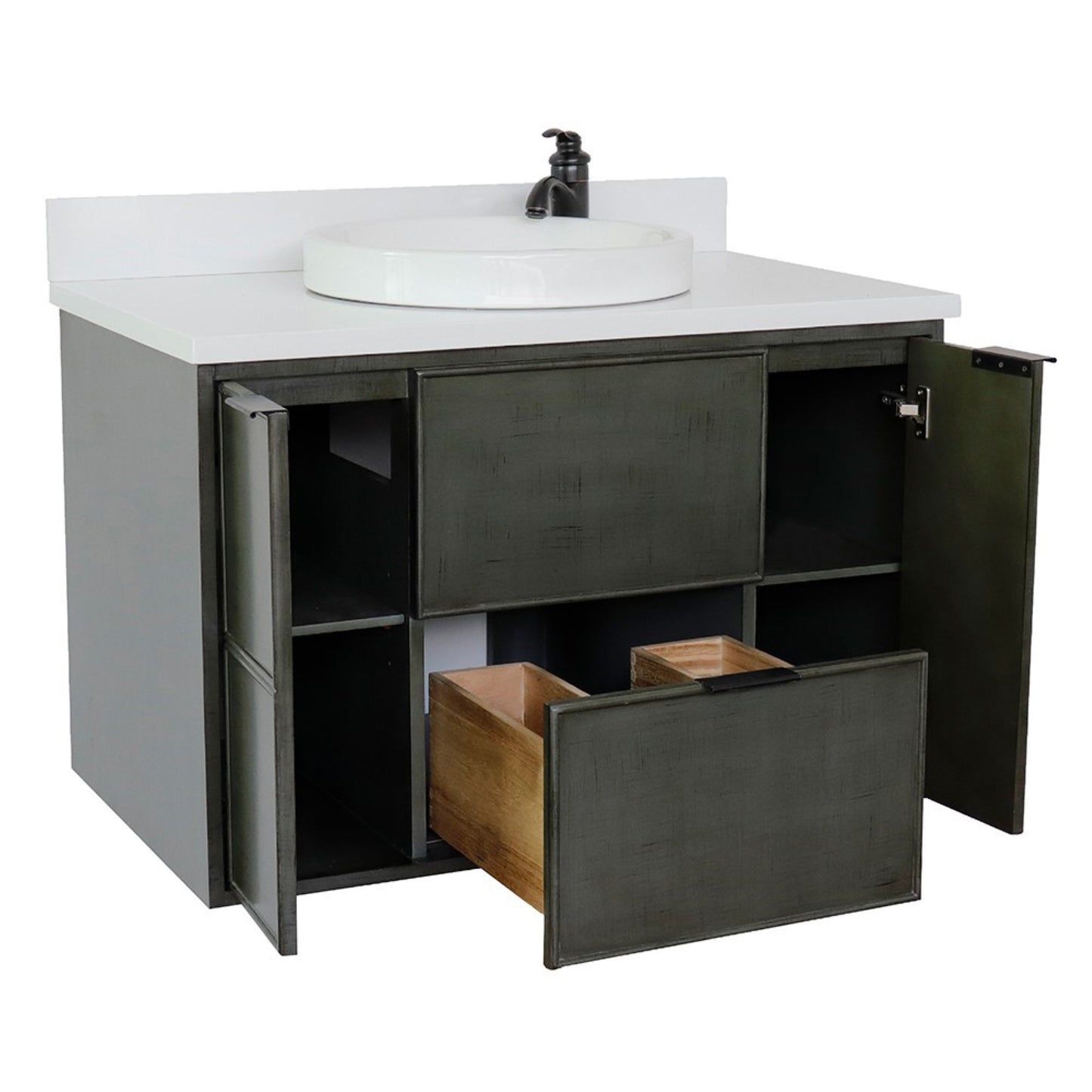 37" Single wall mount vanity in Linen Gray finish with White engineered stone top and round sink