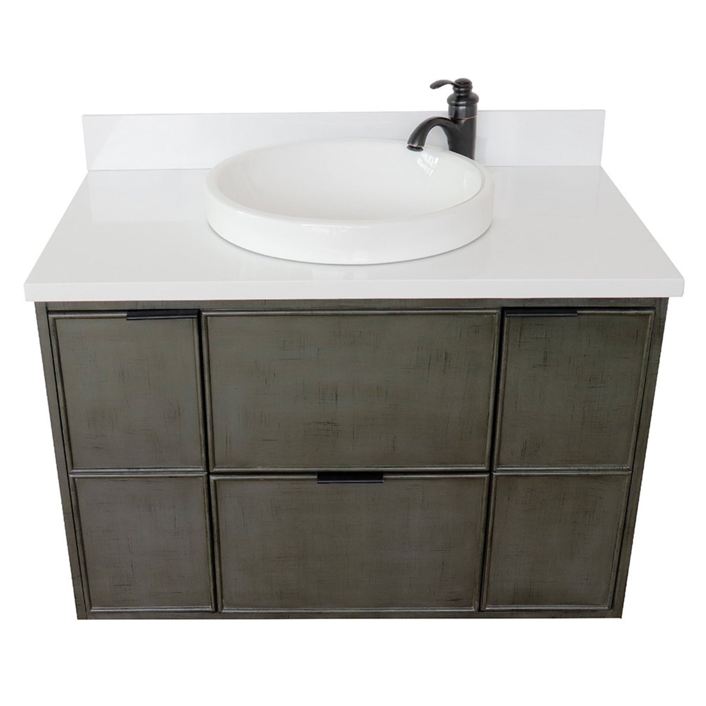 37" Single wall mount vanity in Linen Gray finish with White engineered stone top and round sink