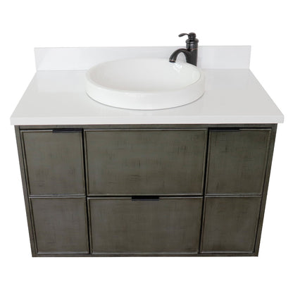 37" Single wall mount vanity in Linen Gray finish with White engineered stone top and round sink