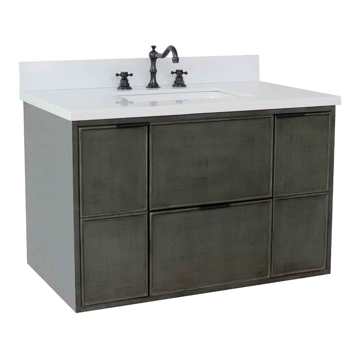 37" Single wall mount vanity in Linen Gray finish with White engineered stone top and rectangle sink