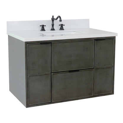 37" Single wall mount vanity in Linen Gray finish with White engineered stone top and rectangle sink