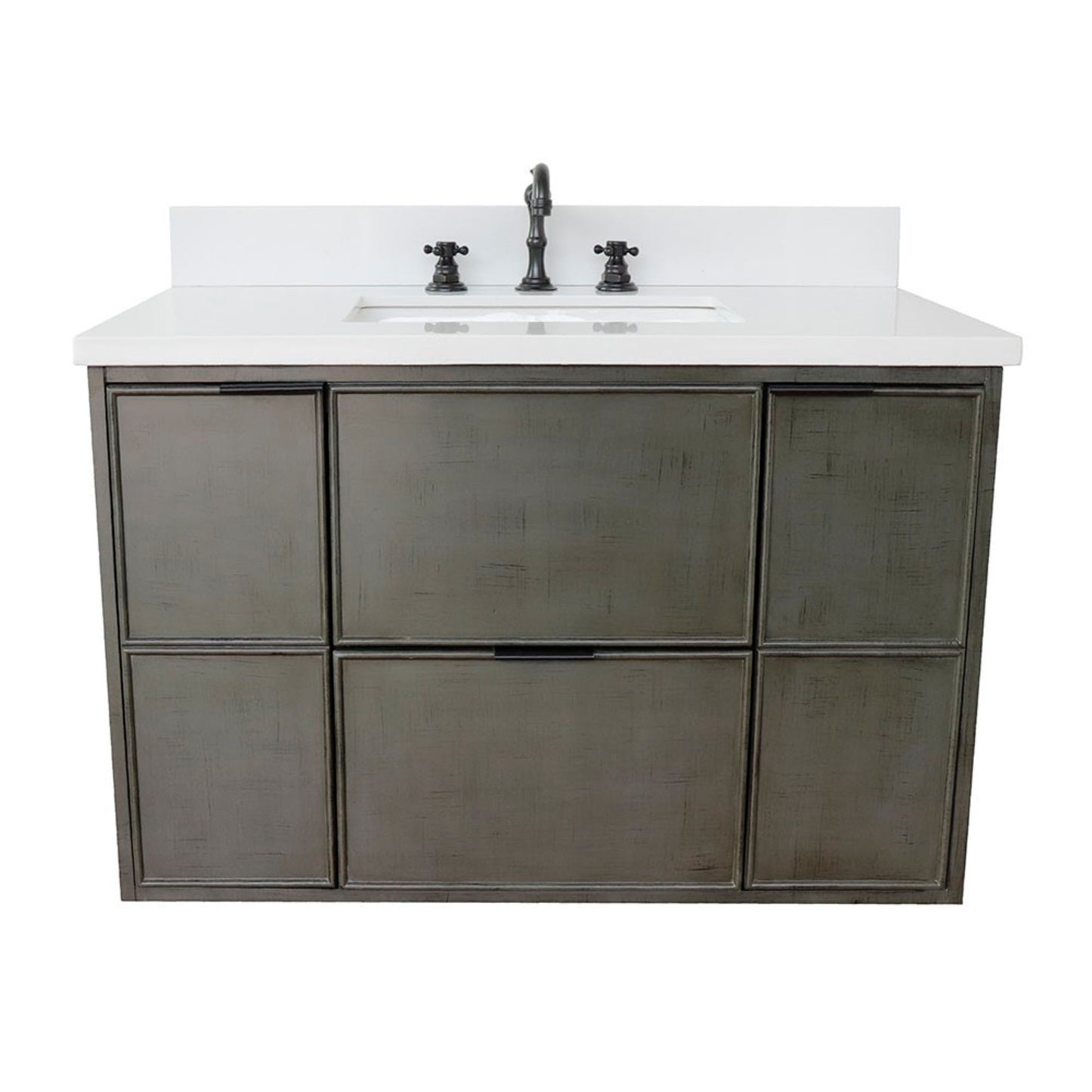 37" Single wall mount vanity in Linen Gray finish with White engineered stone top and rectangle sink