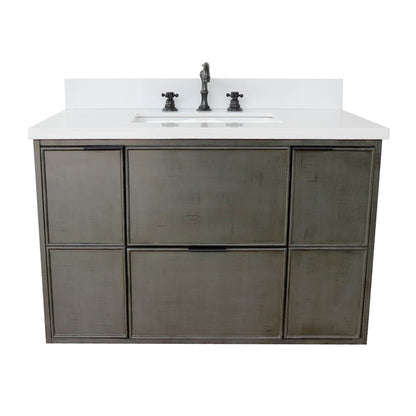 37" Single wall mount vanity in Linen Gray finish with White engineered stone top and rectangle sink