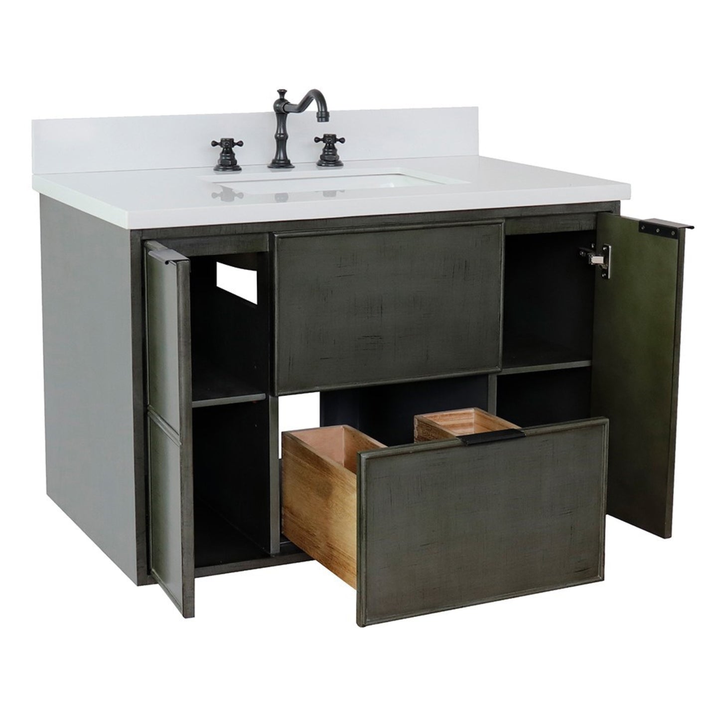 37" Single wall mount vanity in Linen Gray finish with White engineered stone top and rectangle sink