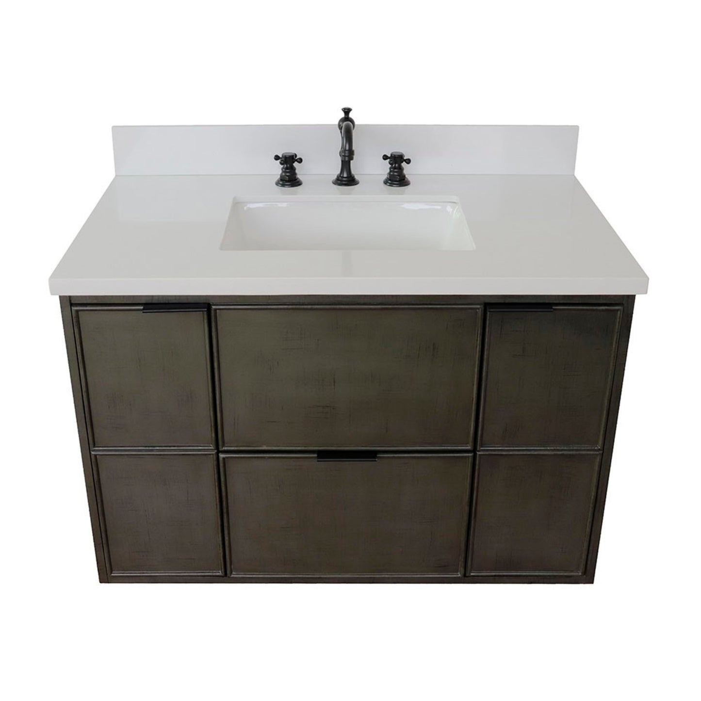 37" Single wall mount vanity in Linen Gray finish with White engineered stone top and rectangle sink