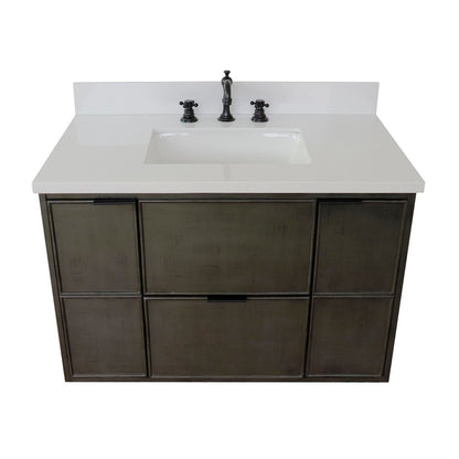 37" Single wall mount vanity in Linen Gray finish with White engineered stone top and rectangle sink