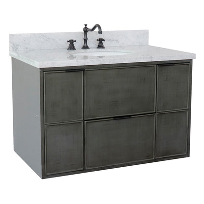 37" Single wall mount vanity in Linen Gray finish with White Carrara top and oval sink