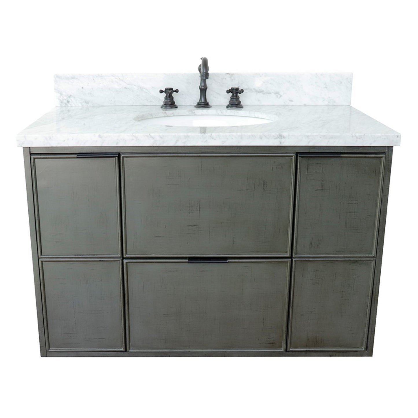 37" Single wall mount vanity in Linen Gray finish with White Carrara top and oval sink