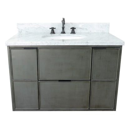 37" Single wall mount vanity in Linen Gray finish with White Carrara top and oval sink