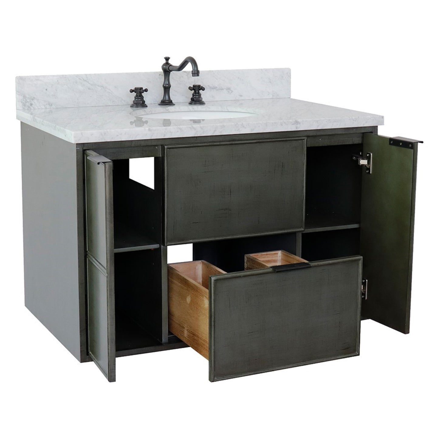 37" Single wall mount vanity in Linen Gray finish with White Carrara top and oval sink