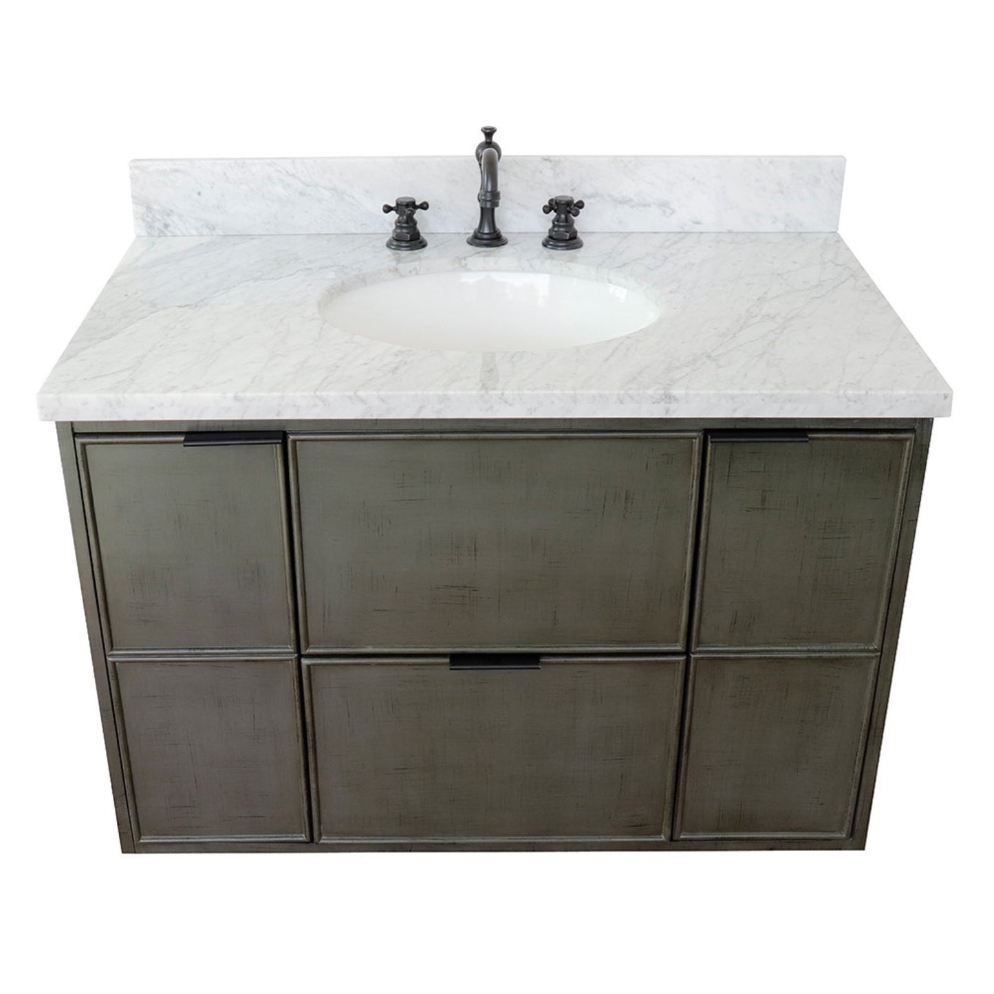 37" Single wall mount vanity in Linen Gray finish with White Carrara top and oval sink