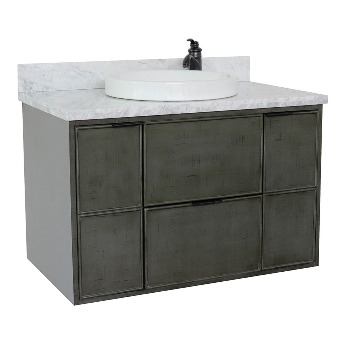 37" Single wall mount vanity in Linen Gray finish with White Carrara top and round sink