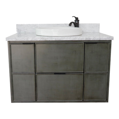 37" Single wall mount vanity in Linen Gray finish with White Carrara top and round sink