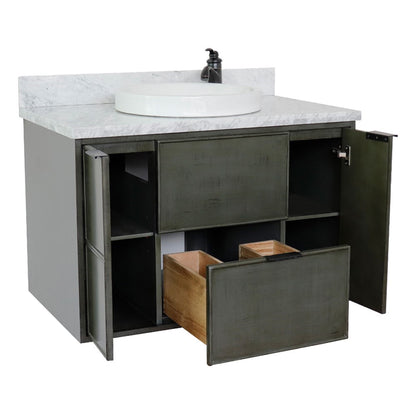 37" Single wall mount vanity in Linen Gray finish with White Carrara top and round sink