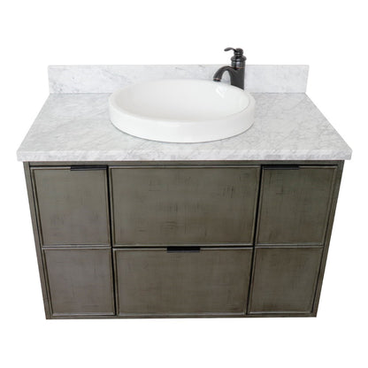 37" Single wall mount vanity in Linen Gray finish with White Carrara top and round sink