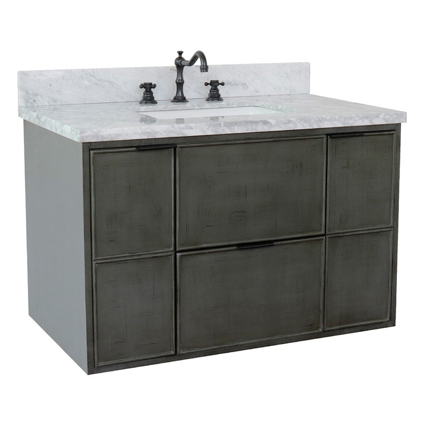 37" Single wall mount vanity in Linen Gray finish with White Carrara top and rectangle sink