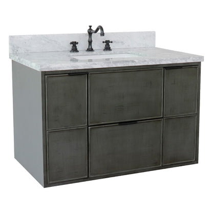 37" Single wall mount vanity in Linen Gray finish with White Carrara top and rectangle sink