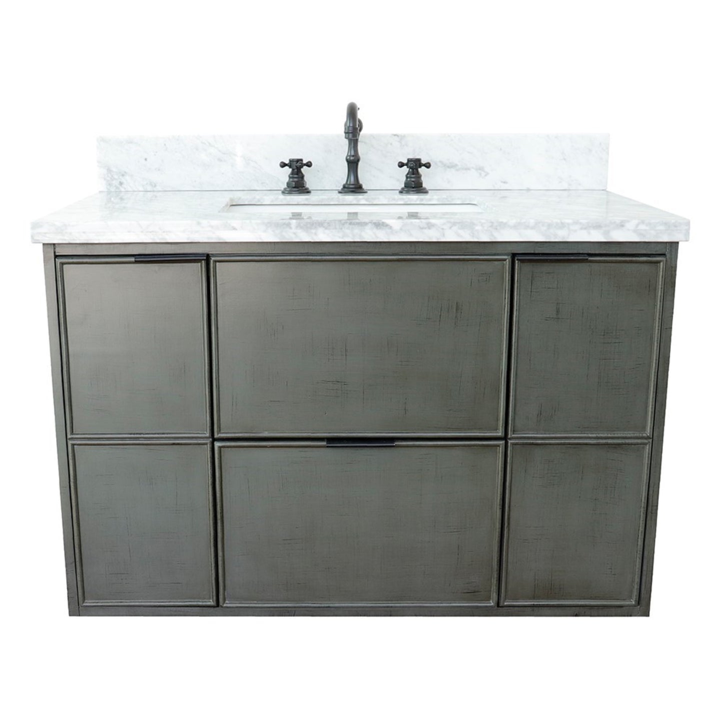 37" Single wall mount vanity in Linen Gray finish with White Carrara top and rectangle sink