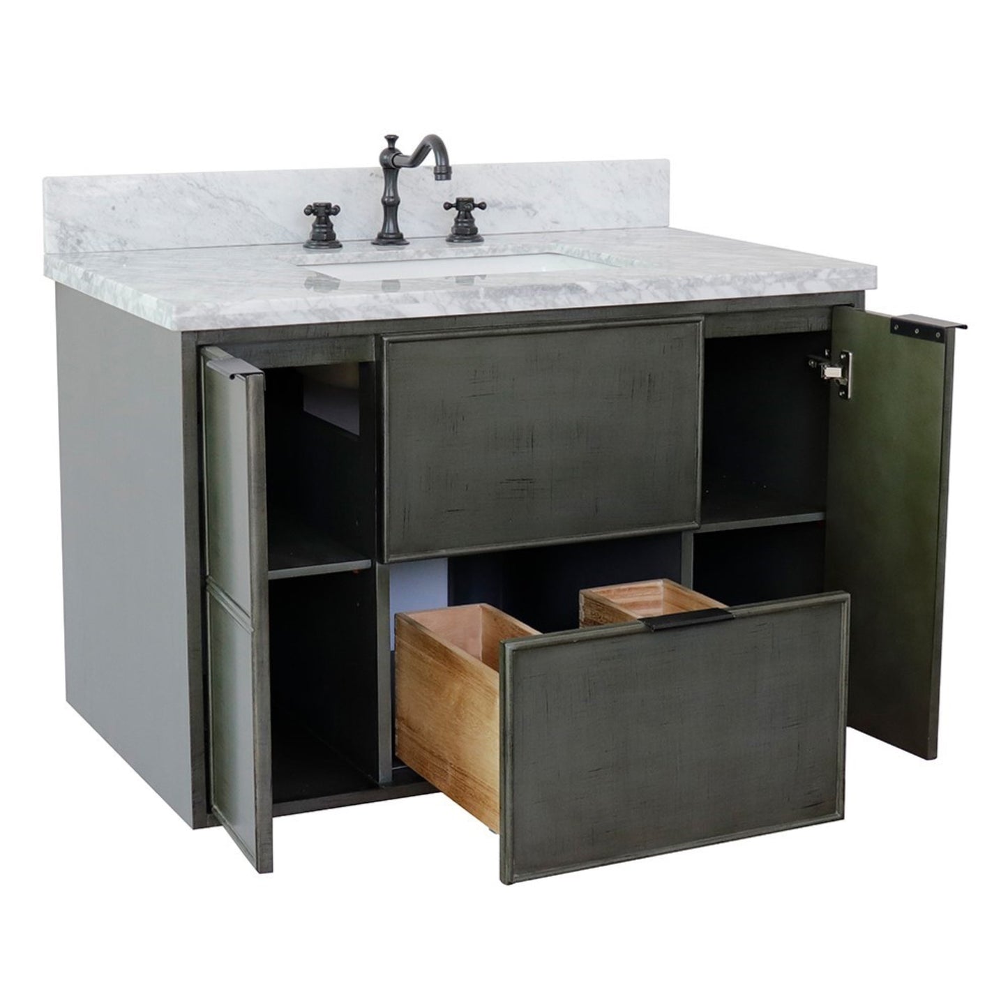 37" Single wall mount vanity in Linen Gray finish with White Carrara top and rectangle sink