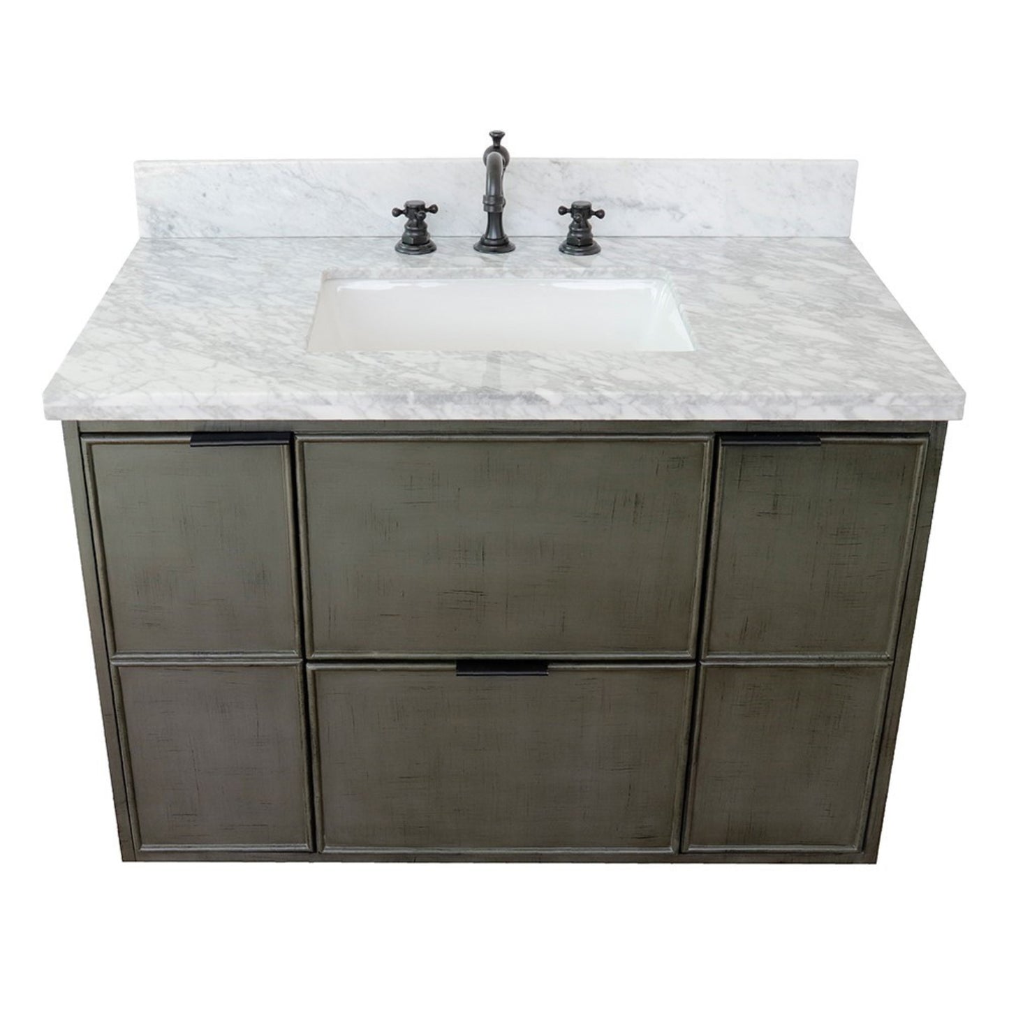 37" Single wall mount vanity in Linen Gray finish with White Carrara top and rectangle sink