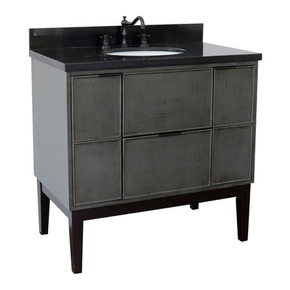 37" Single vanity in Linen Gray finish with Black Galaxy top and oval sink