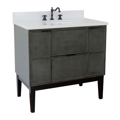37" Single vanity in Linen Gray finish with White engineered stone top and oval sink
