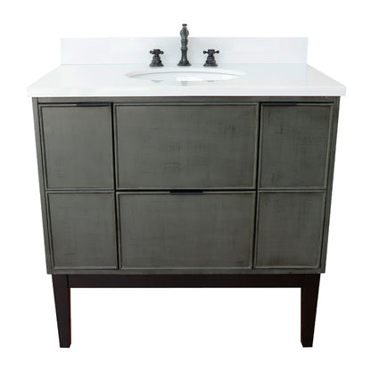 37" Single vanity in Linen Gray finish with White engineered stone top and oval sink