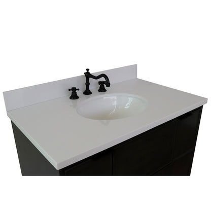 37" Single vanity in Linen Gray finish with White engineered stone top and oval sink