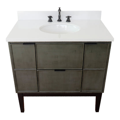 37" Single vanity in Linen Gray finish with White engineered stone top and oval sink