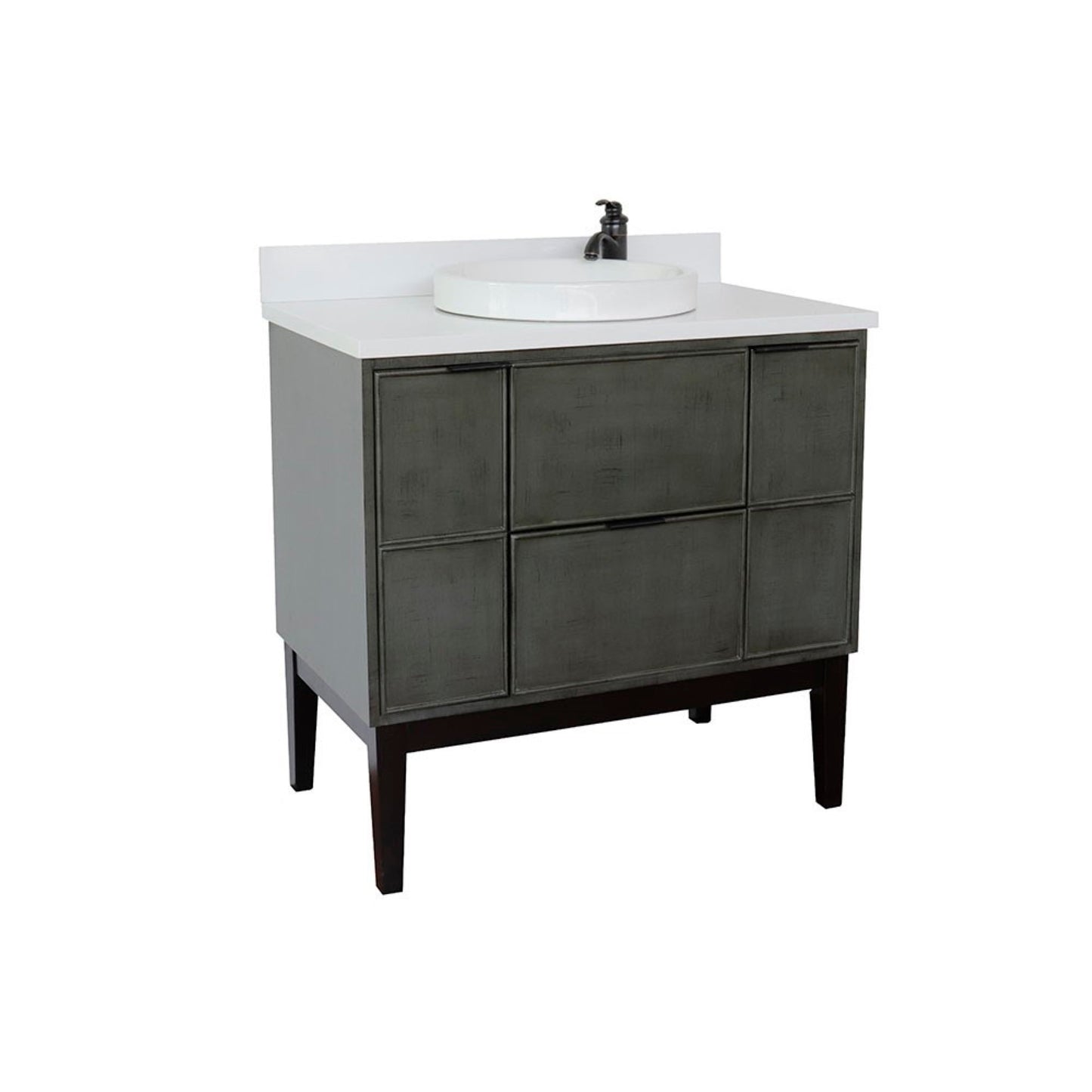 37" Single vanity in Linen Gray finish with White engineered stone top and round sink