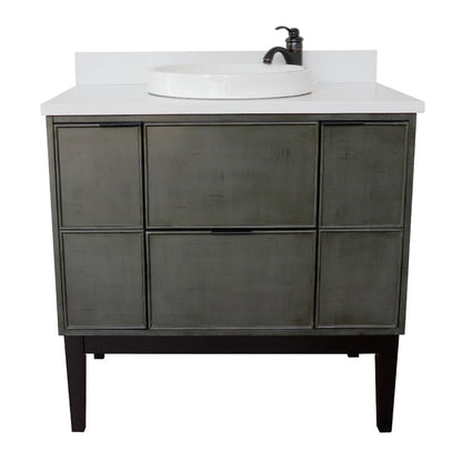 37" Single vanity in Linen Gray finish with White engineered stone top and round sink