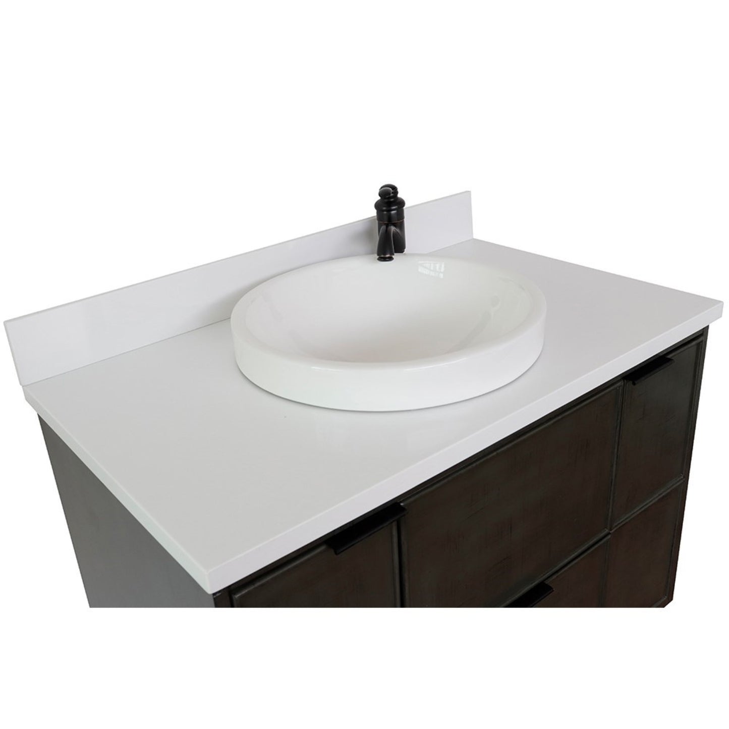 37" Single vanity in Linen Gray finish with White engineered stone top and round sink
