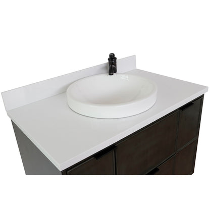 37" Single vanity in Linen Gray finish with White engineered stone top and round sink