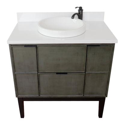 37" Single vanity in Linen Gray finish with White engineered stone top and round sink
