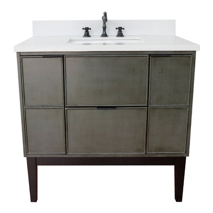 37" Single vanity in Linen Gray finish with White engineered stone top and rectangle sink