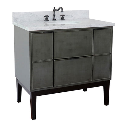 37" Single vanity in Linen Gray finish with White Carrara top and oval sink