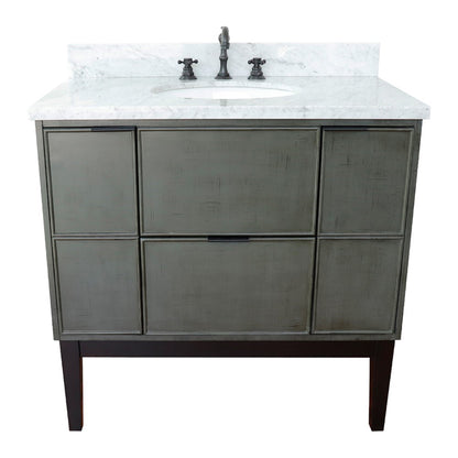 37" Single vanity in Linen Gray finish with White Carrara top and oval sink