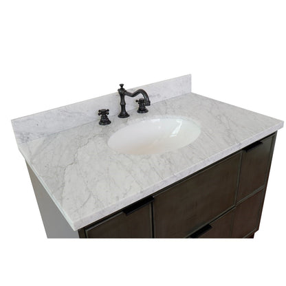37" Single vanity in Linen Gray finish with White Carrara top and oval sink