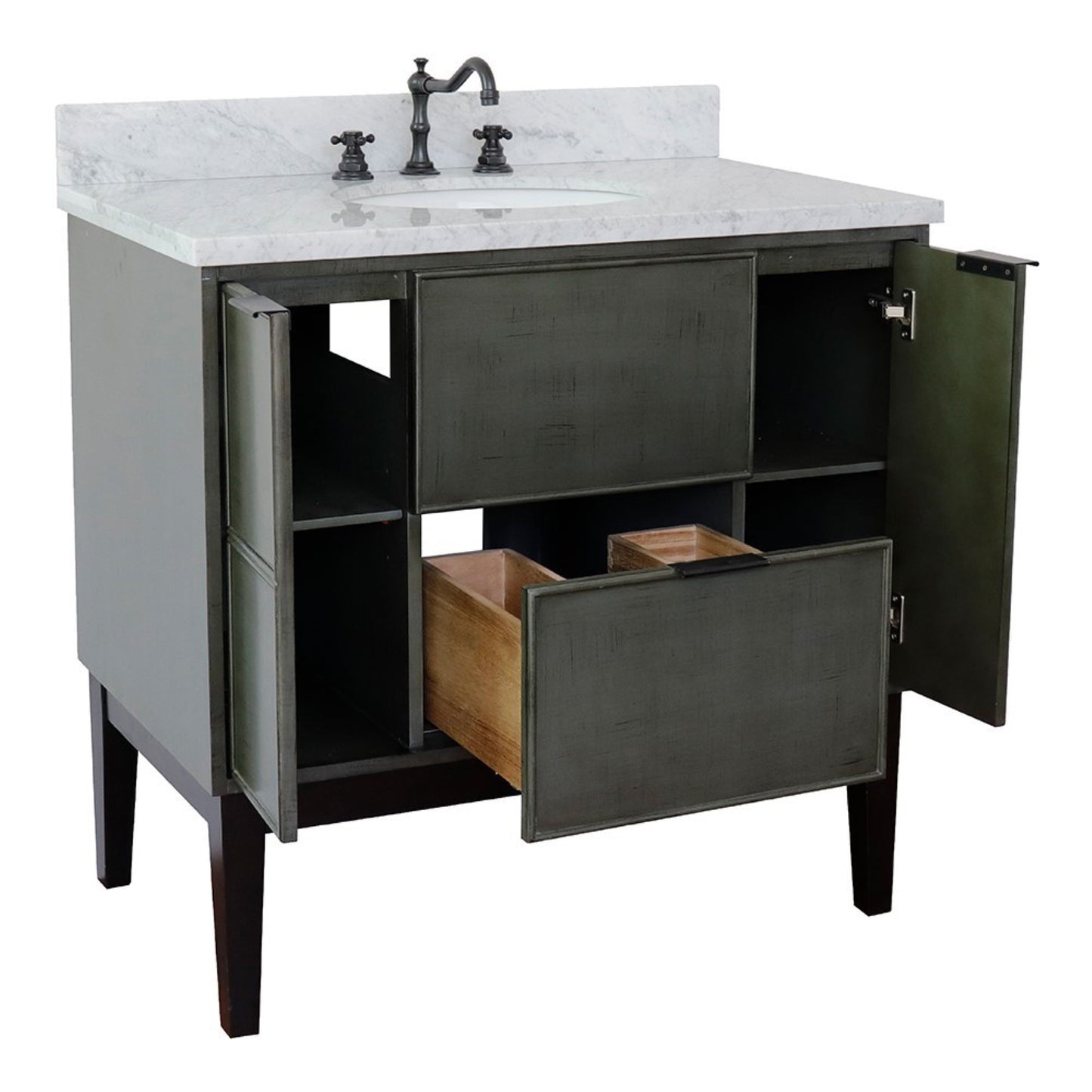37" Single vanity in Linen Gray finish with White Carrara top and oval sink