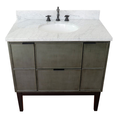 37" Single vanity in Linen Gray finish with White Carrara top and oval sink