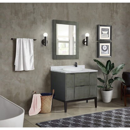 37" Single vanity in Linen Gray finish with White Carrara top and round sink