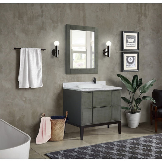 37" Single vanity in Linen Gray finish with White Carrara top and round sink