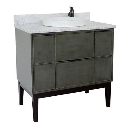37" Single vanity in Linen Gray finish with White Carrara top and round sink