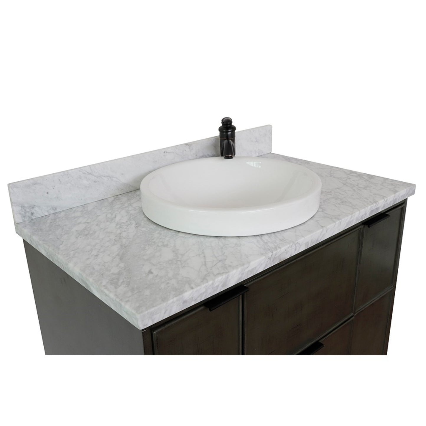 37" Single vanity in Linen Gray finish with White Carrara top and round sink