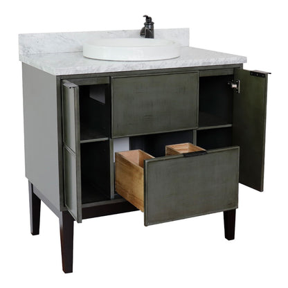 37" Single vanity in Linen Gray finish with White Carrara top and round sink