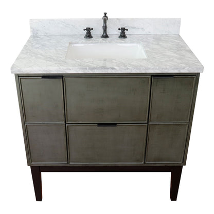 37" Single vanity in Linen Gray finish with White Carrara top and rectangle sink