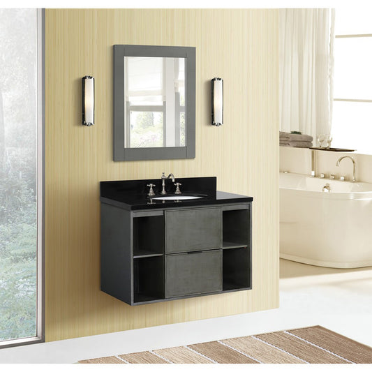 37" Single wall mount vanity in Linen Gray finish with Black Galaxy top and oval sink