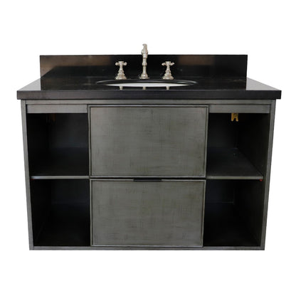 37" Single wall mount vanity in Linen Gray finish with Black Galaxy top and oval sink